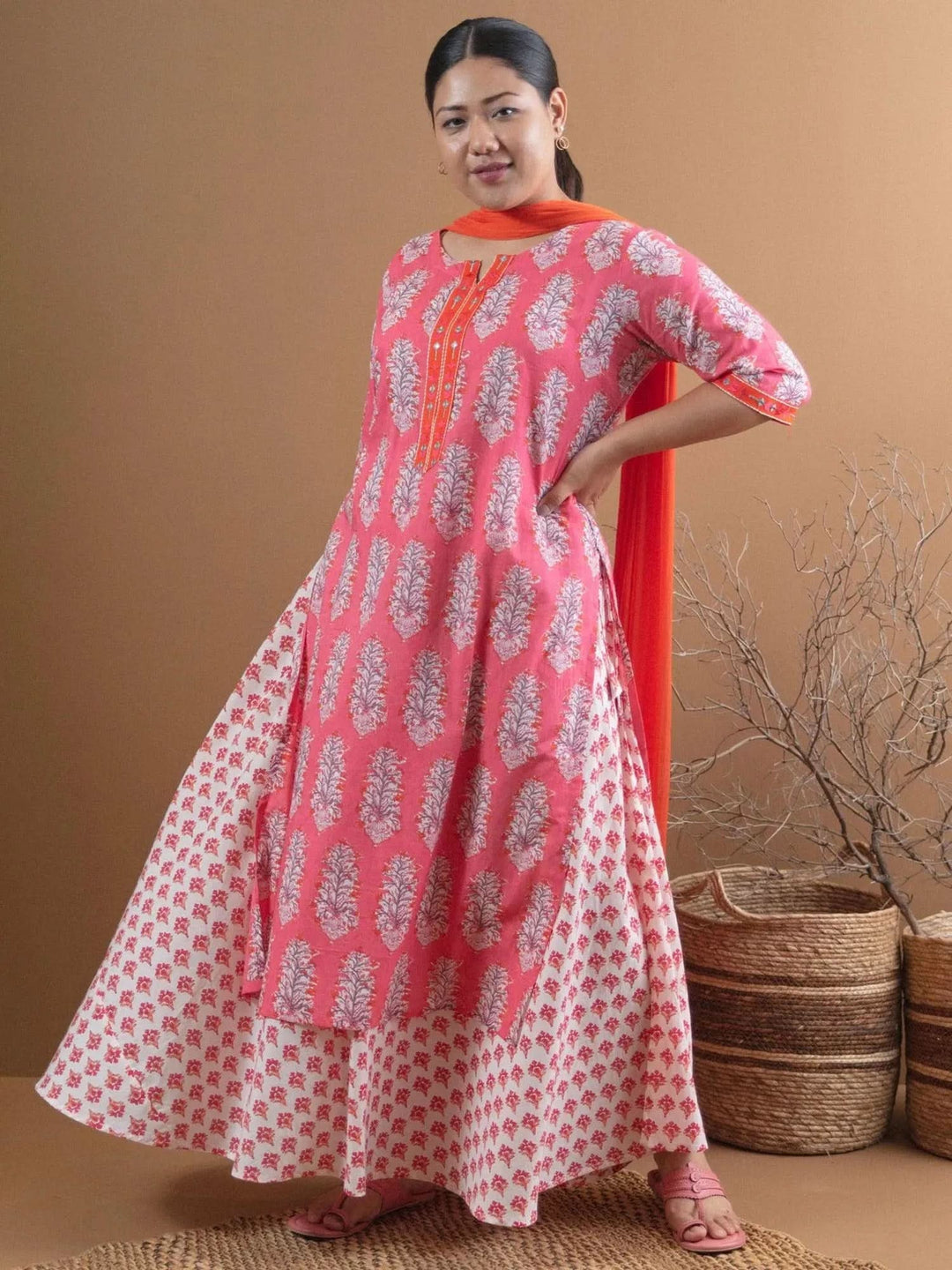 Plus Size Pink Printed Cotton Suit Set - Libas