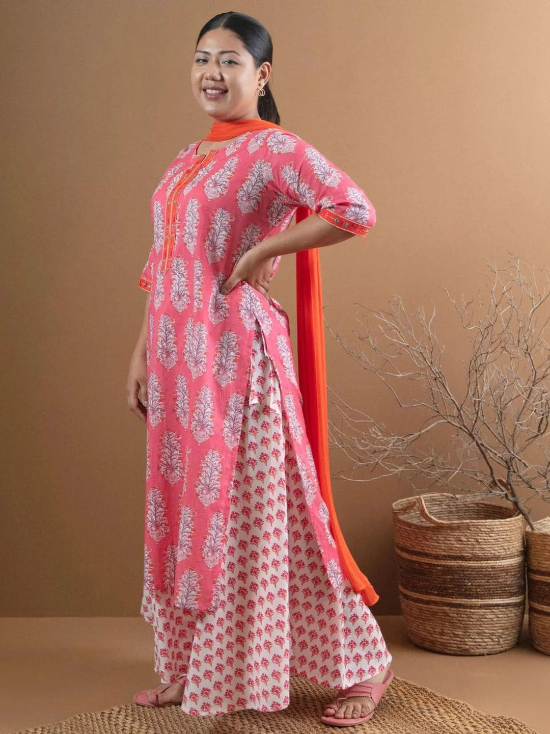 Plus Size Pink Printed Cotton Suit Set - Libas