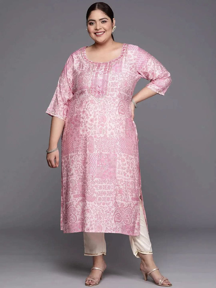 Plus Size Pink Printed Silk Straight Kurta - Libas