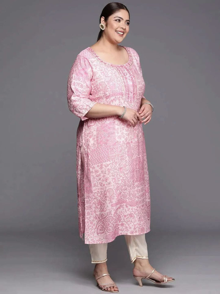 Plus Size Pink Printed Silk Straight Kurta - Libas