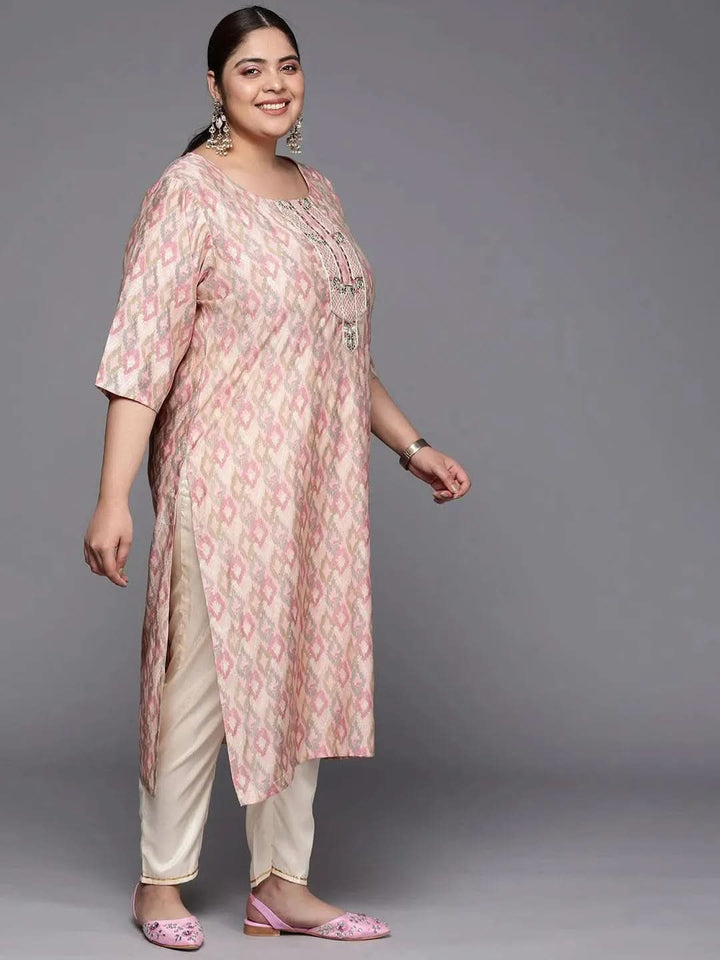 Plus Size Pink Printed Silk Straight Kurta - Libas