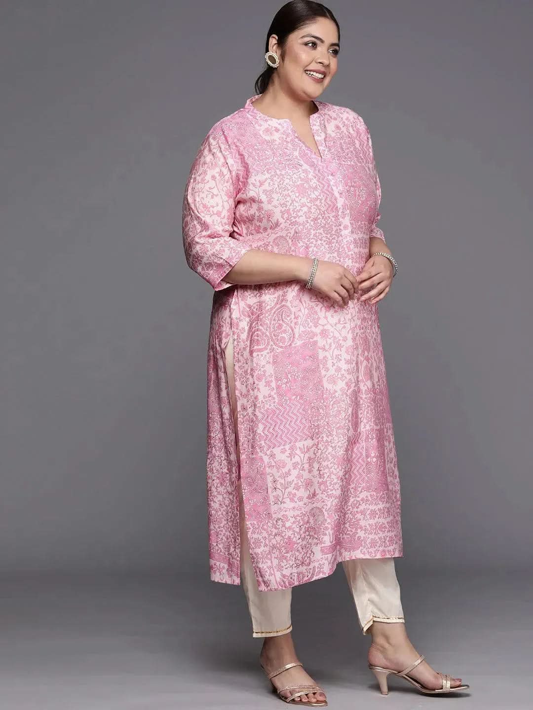 Plus Size Pink Printed Silk Straight Kurta - Libas