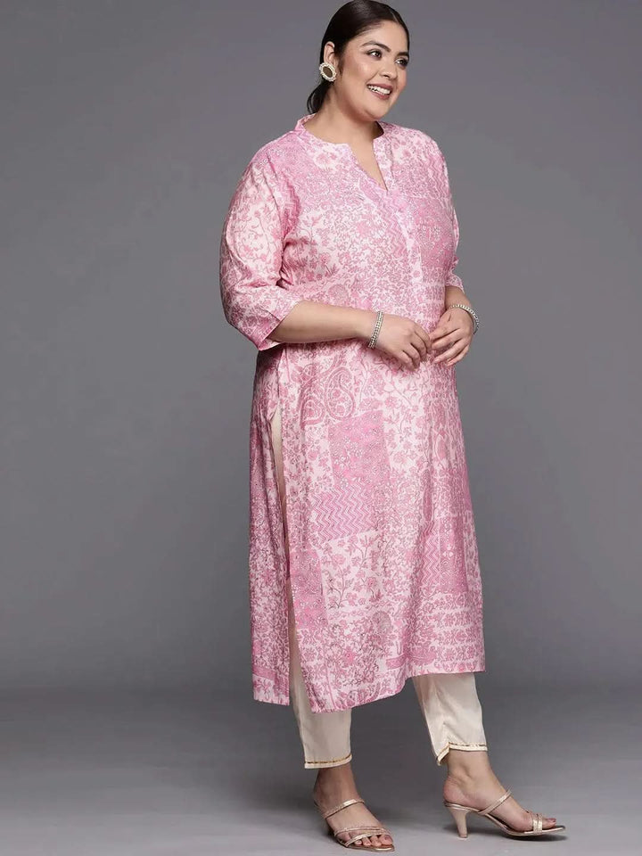 Plus Size Pink Printed Silk Straight Kurta - Libas