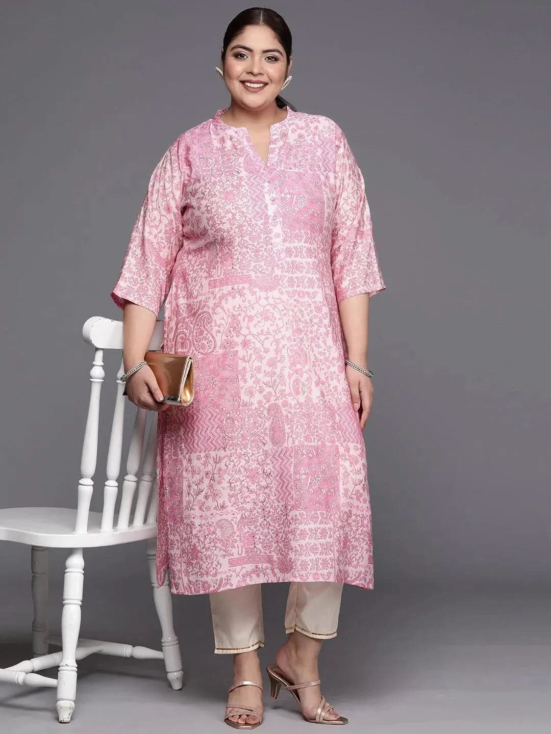 Plus Size Pink Printed Silk Straight Kurta - Libas