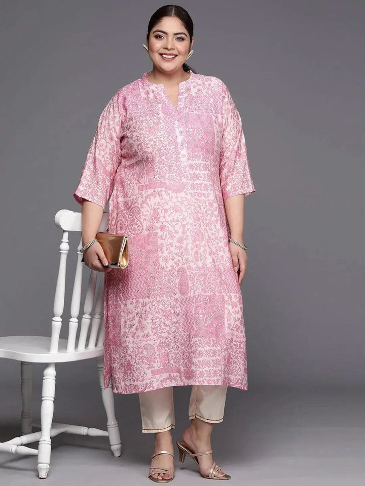 Plus Size Pink Printed Silk Straight Kurta - Libas
