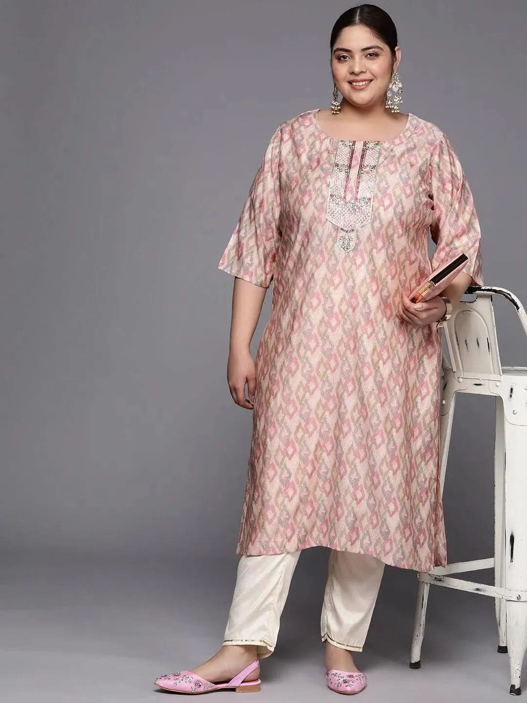 Plus Size Pink Printed Silk Straight Kurta - Libas