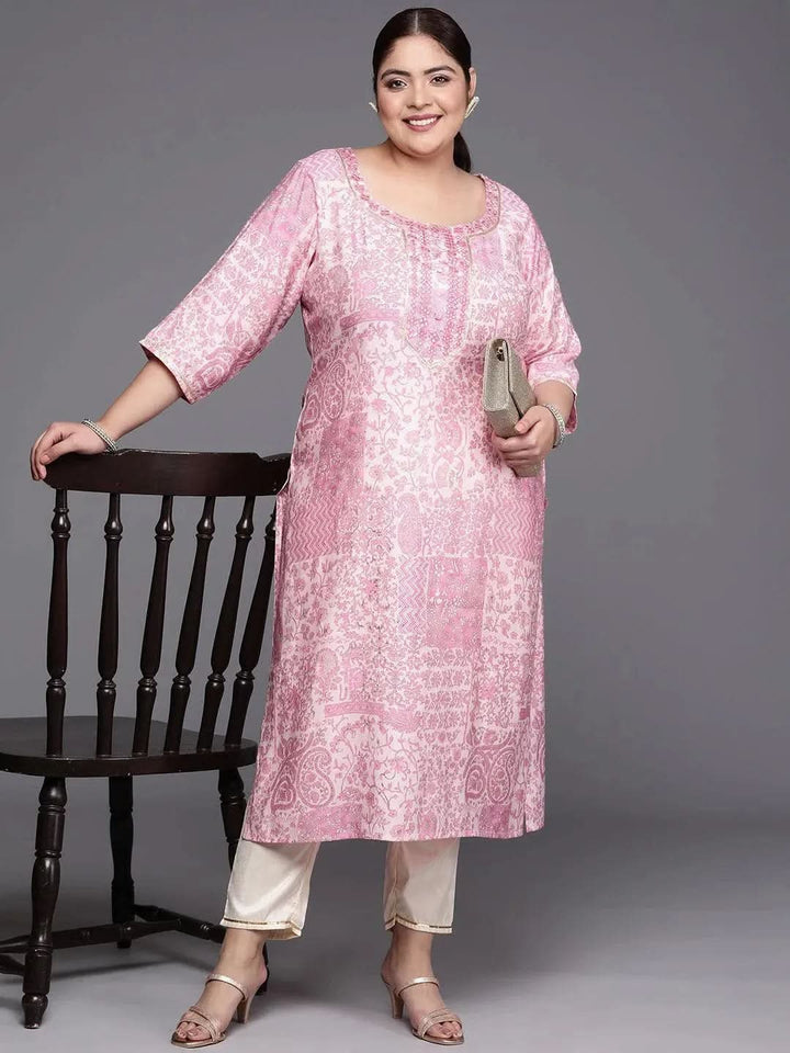 Plus Size Pink Printed Silk Straight Kurta - Libas