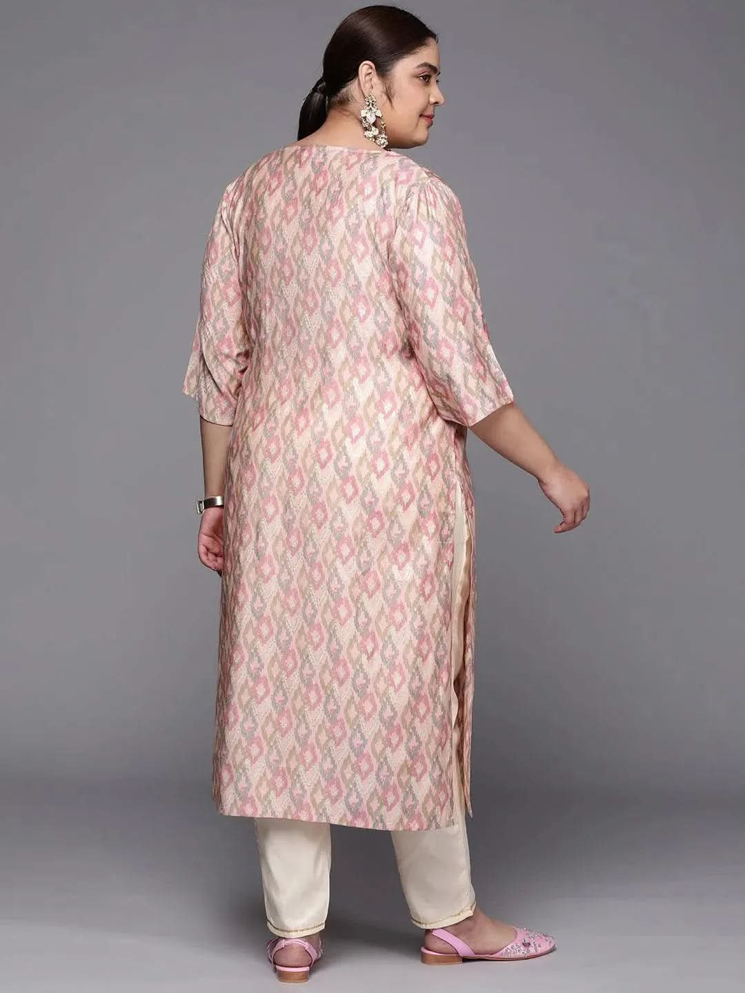 Plus Size Pink Printed Silk Straight Kurta - Libas
