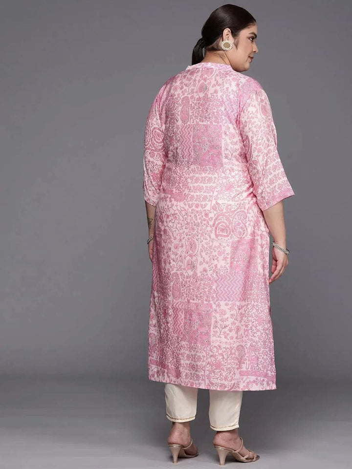Plus Size Pink Printed Silk Straight Kurta - Libas