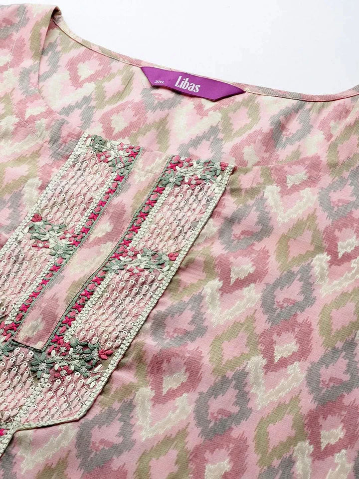 Plus Size Pink Printed Silk Straight Kurta - Libas