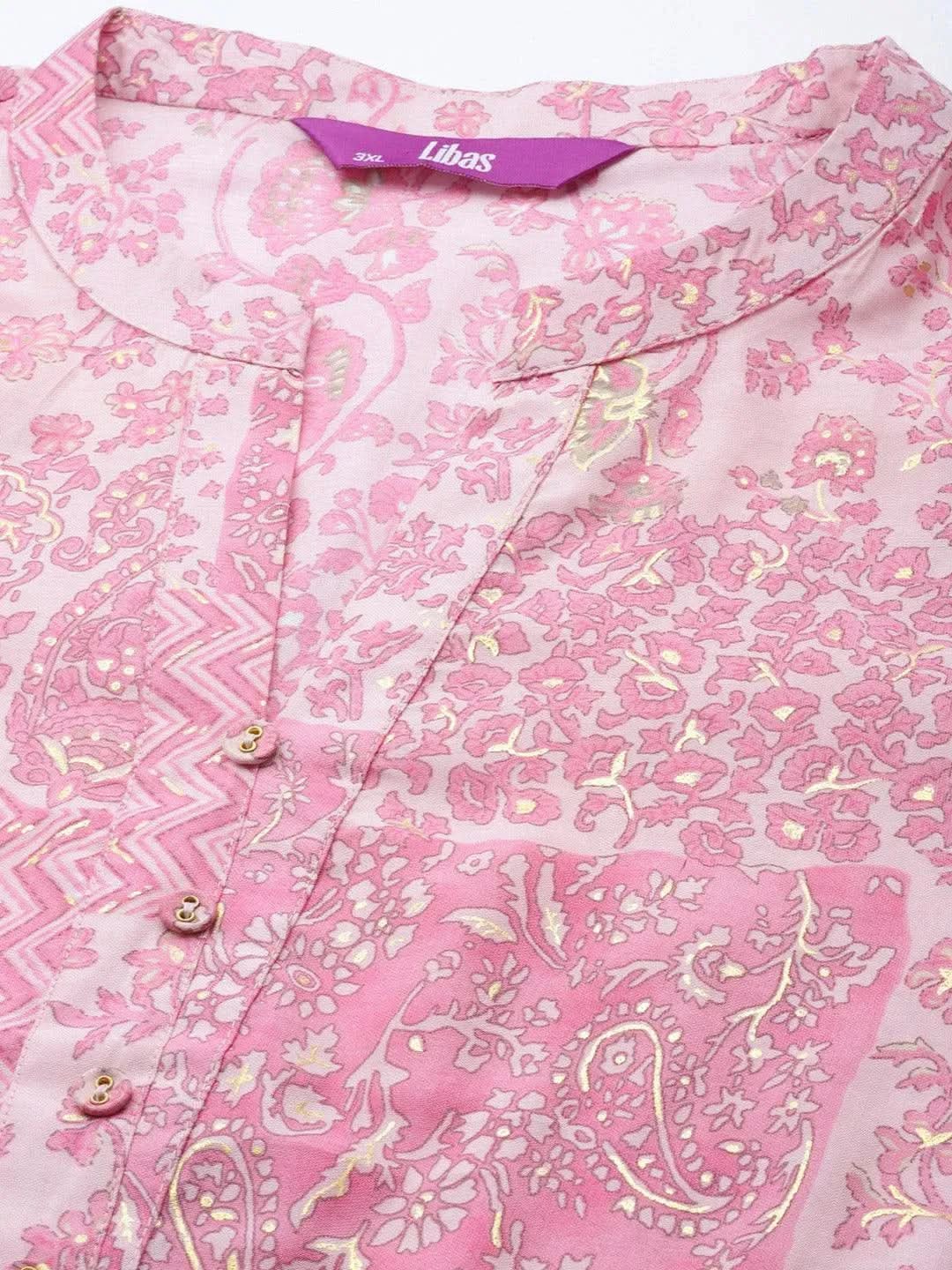 Plus Size Pink Printed Silk Straight Kurta - Libas