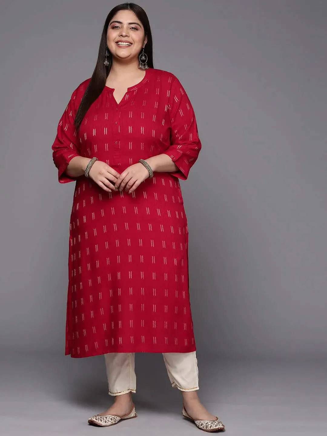 Plus Size Pink Woven Design Rayon Straight Kurta - Libas