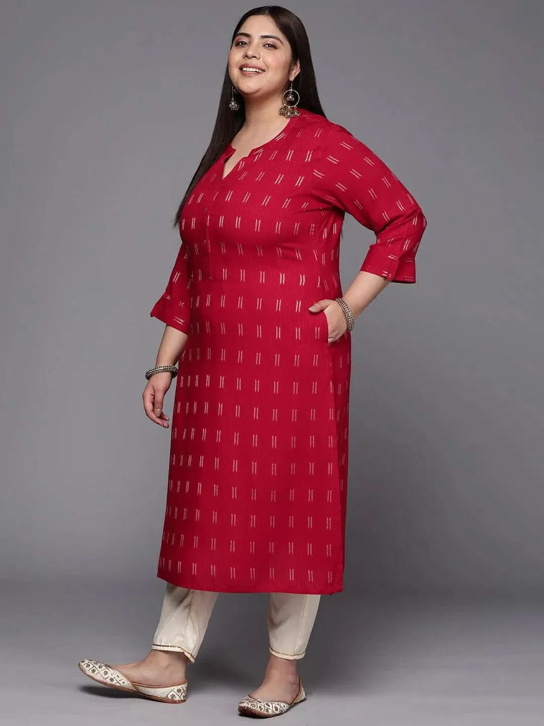 Plus Size Pink Woven Design Rayon Straight Kurta - Libas