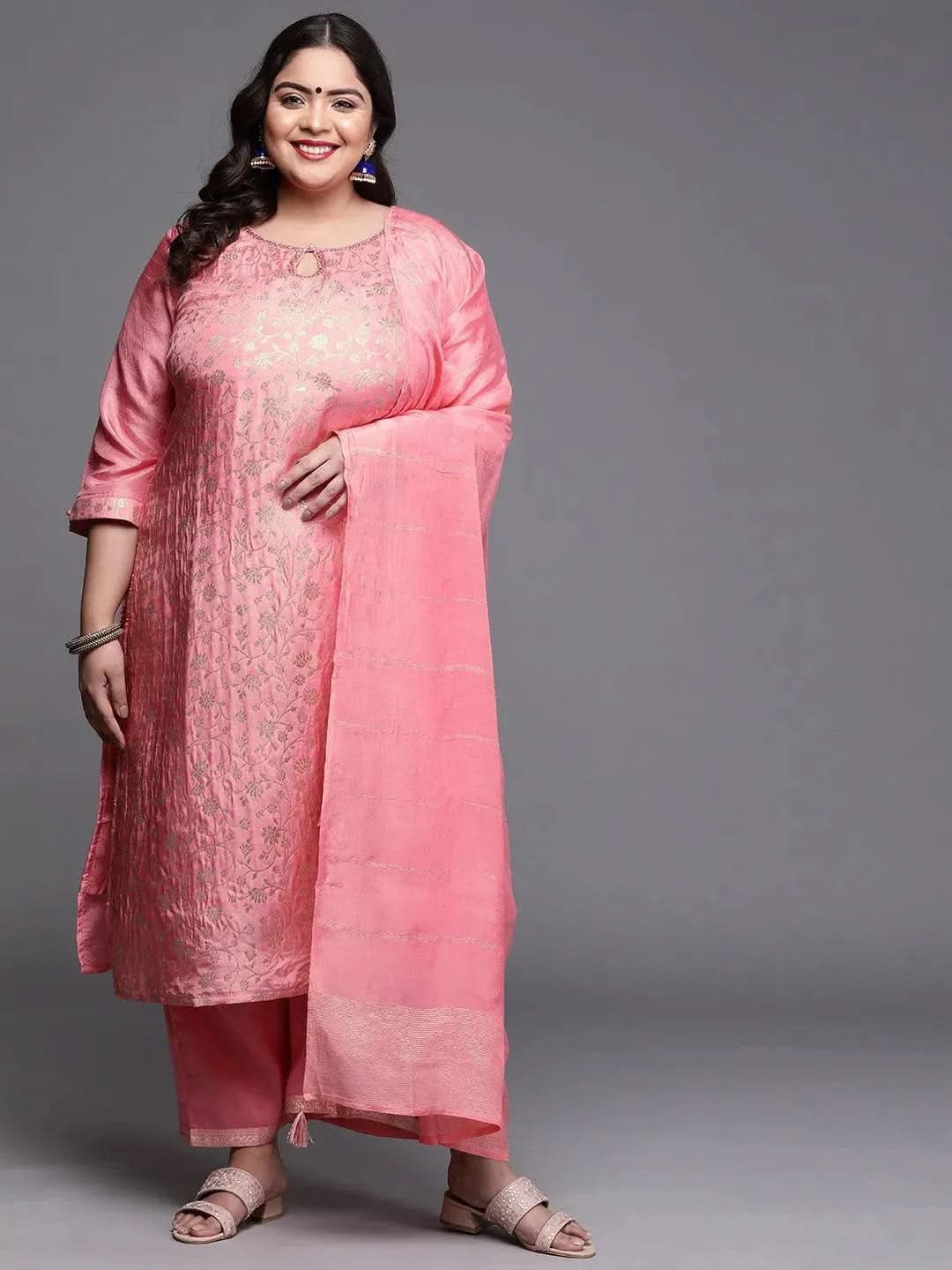 Women Pink Silk Blend Solid Straight Kurta Palazzos With Dupatta Set