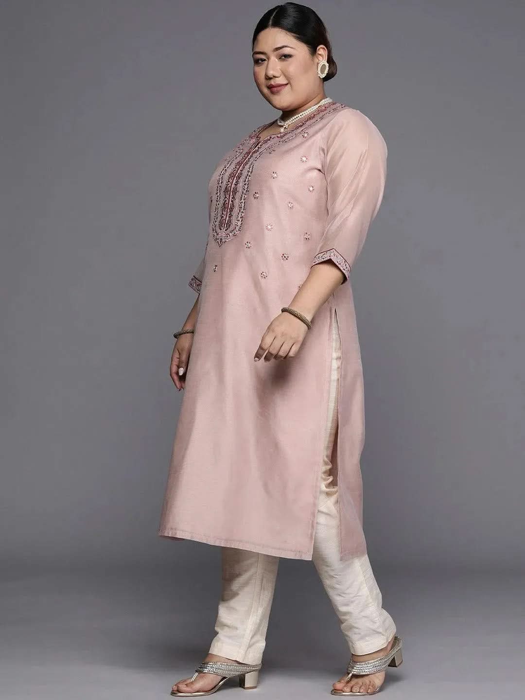 Plus Size Pink Yoke Design Chanderi Cotton Straight Kurta - Libas