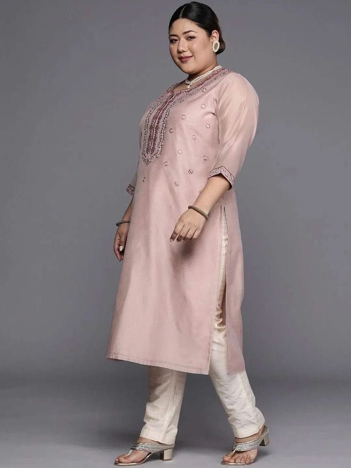 Plus Size Pink Yoke Design Chanderi Cotton Straight Kurta - Libas