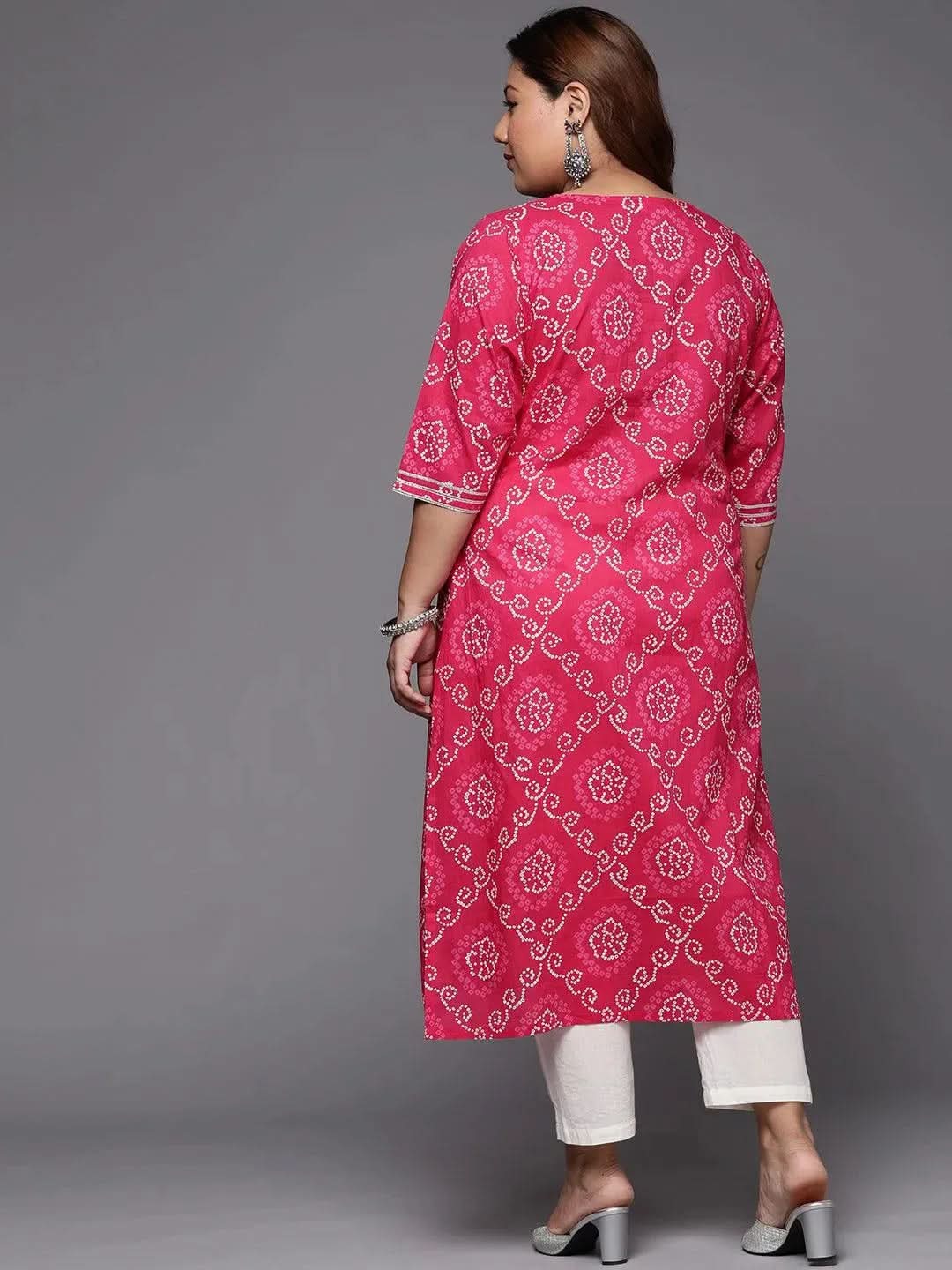 Plus Size Pink Yoke Design Cotton Straight Kurta - Libas