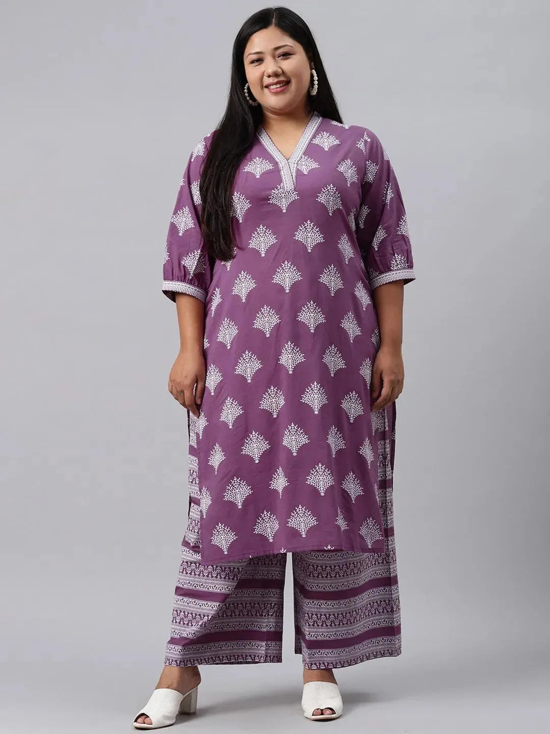 Plus Size Purple Printed Cotton Kurta - Libas