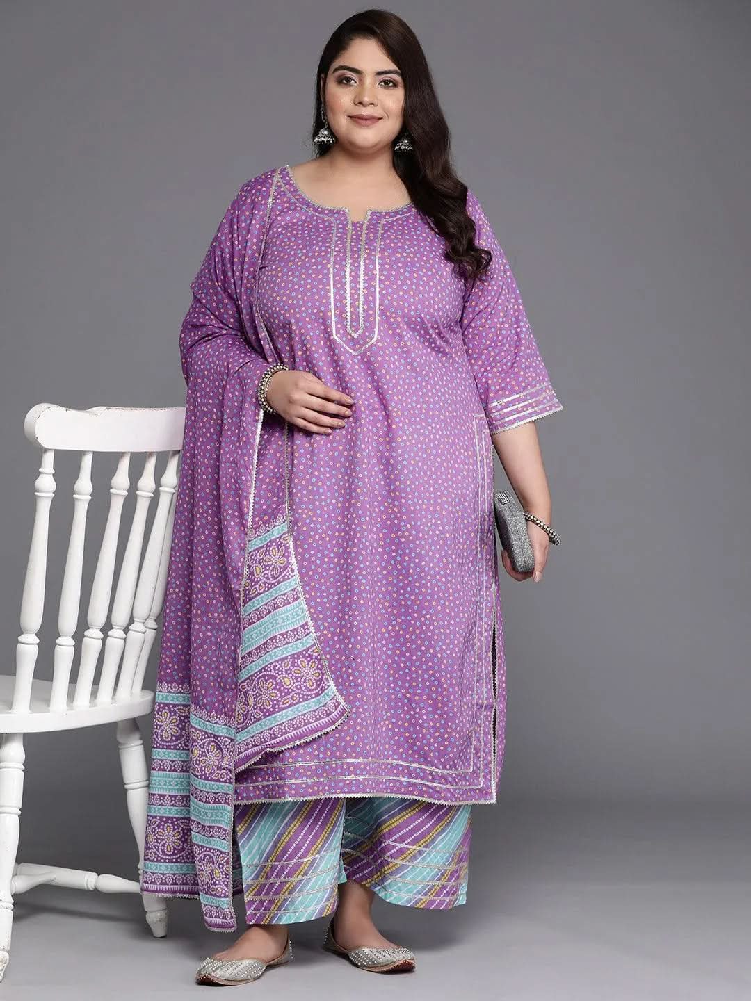Plus Size Purple Printed Cotton Straight Kurta With Palazzos & Dupatta
Plus Size Purple Printed Cotton Straight Kurta With Palazzos & Dupatta