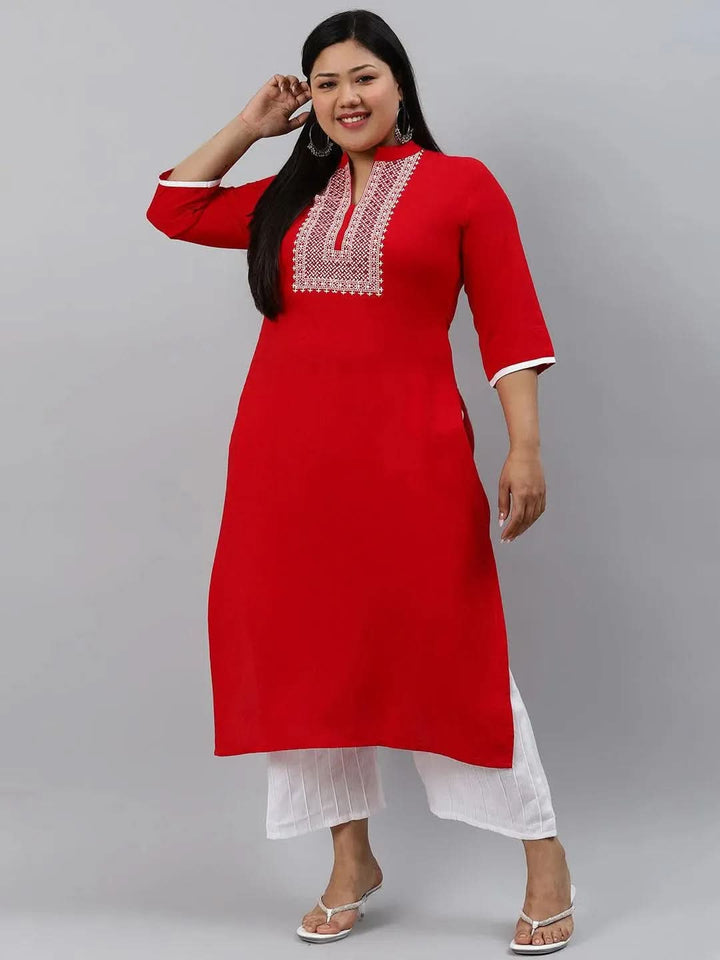 Plus Size Red Mirror Work Rayon Kurta - Libas