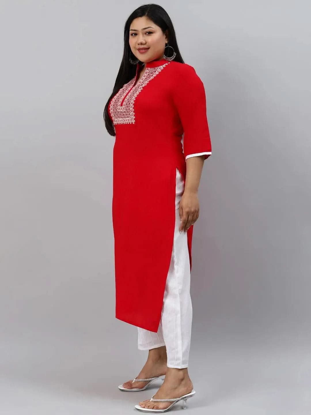 Plus Size Red Mirror Work Rayon Kurta - Libas