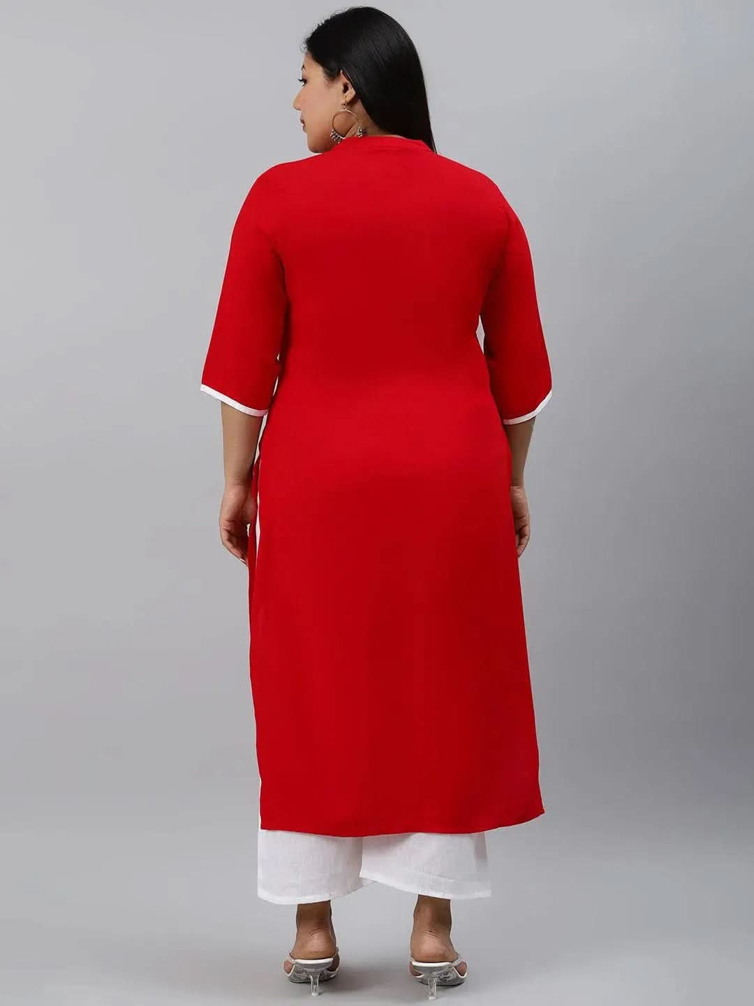 Plus Size Red Mirror Work Rayon Kurta - Libas