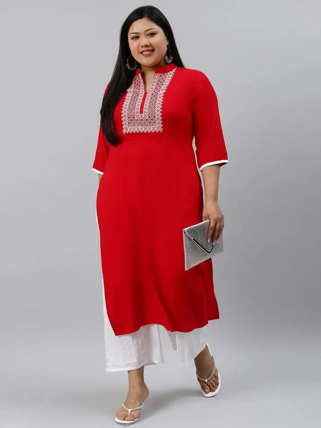 Plus Size Red Mirror Work Rayon Kurta - Libas