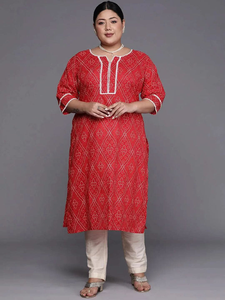 Plus Size Red Printed Cotton Straight Kurta - Libas