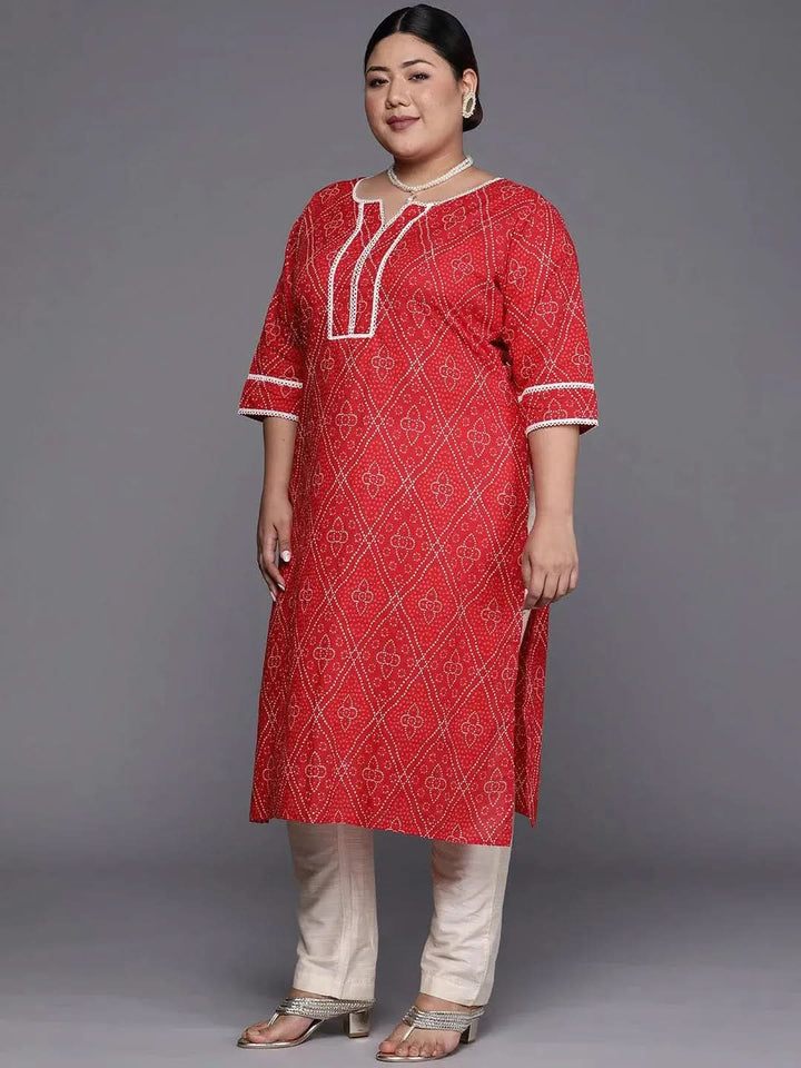 Plus Size Red Printed Cotton Straight Kurta - Libas