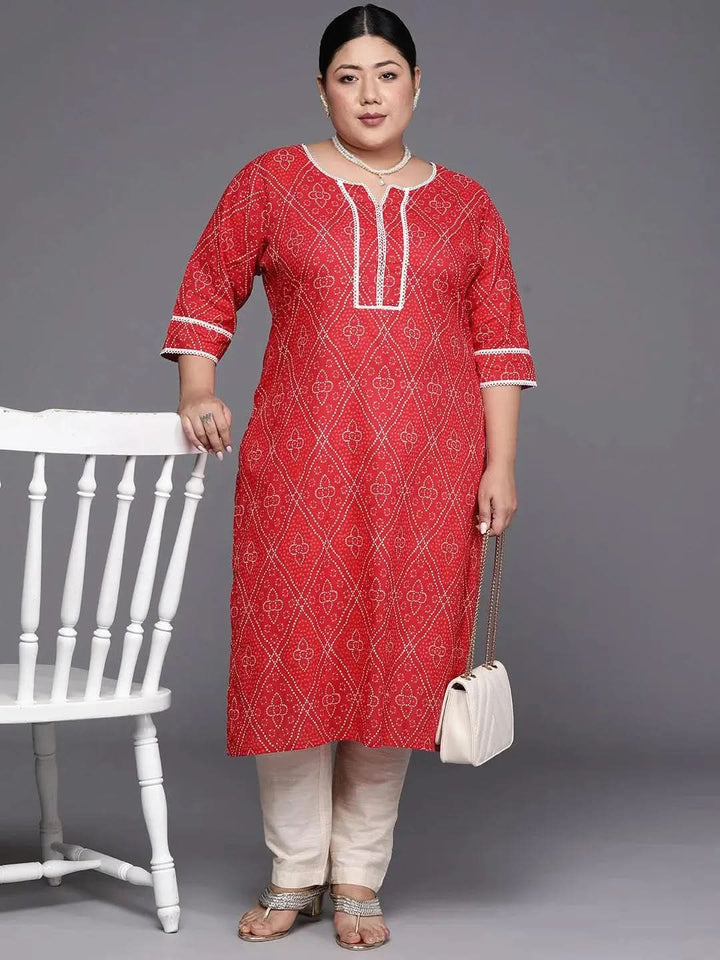 Plus Size Red Printed Cotton Straight Kurta - Libas
