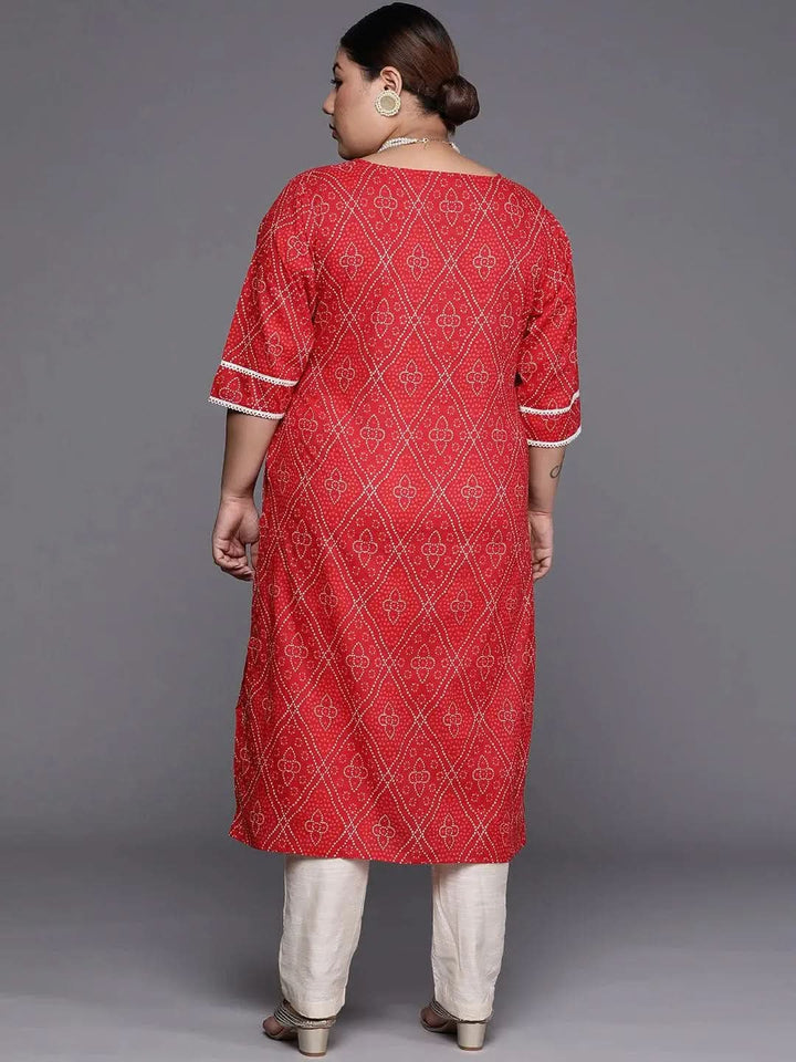 Plus Size Red Printed Cotton Straight Kurta - Libas