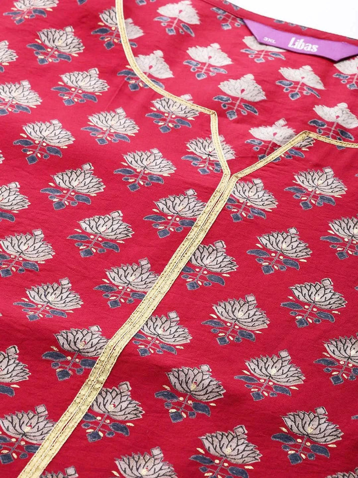 Plus Size Red Printed Silk Straight Kurta - Libas