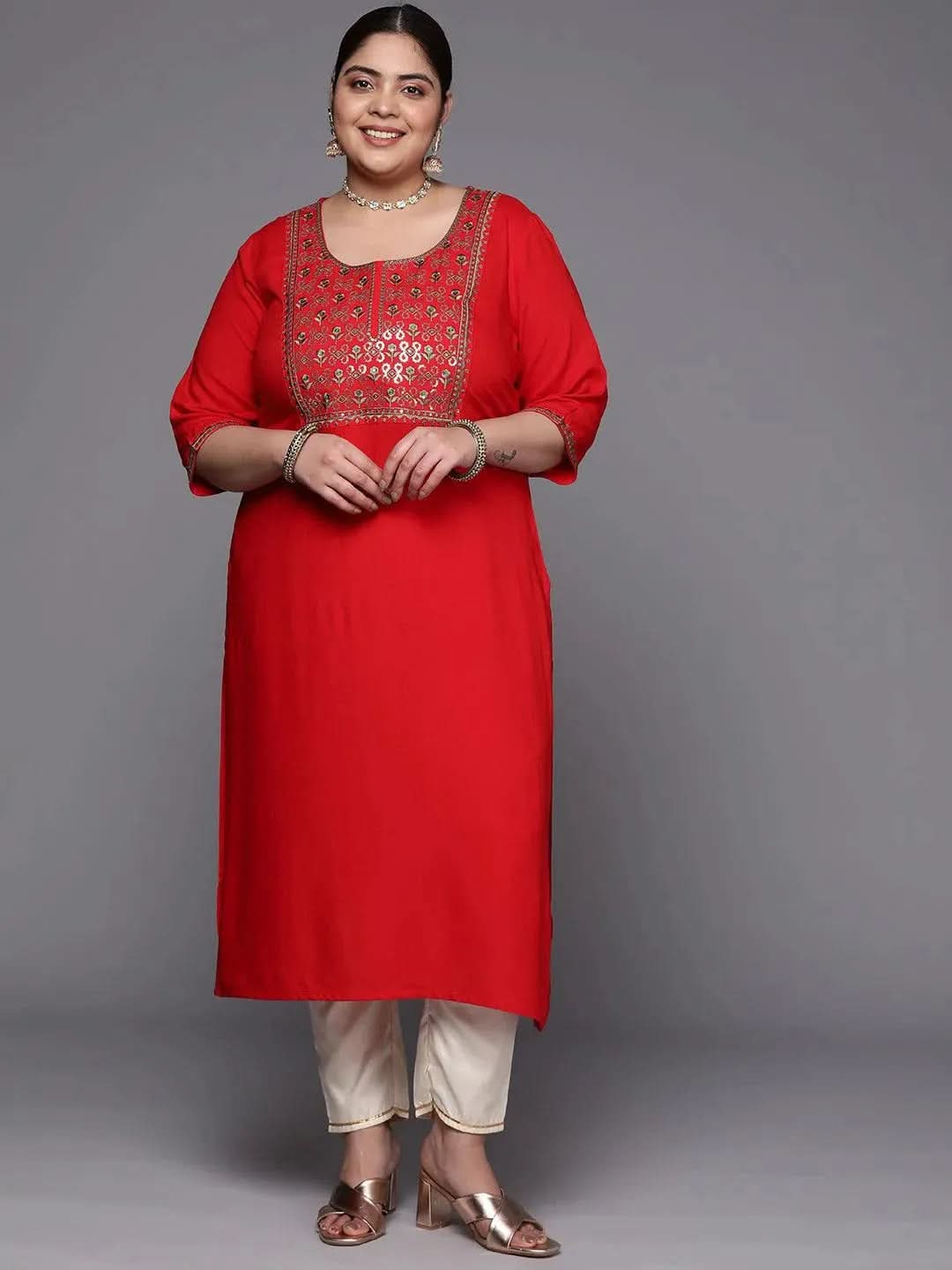 Plus Size Red Yoke Design Rayon Straight Kurta - Libas