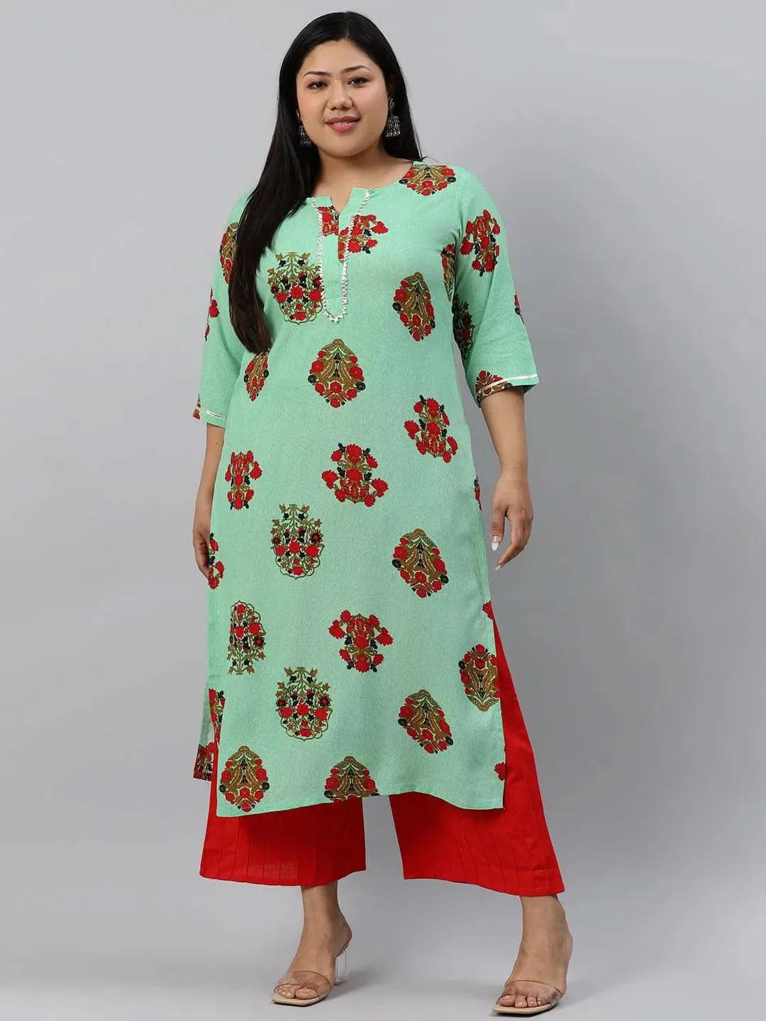 Plus Size Sea Green Printed Rayon Kurta - Libas