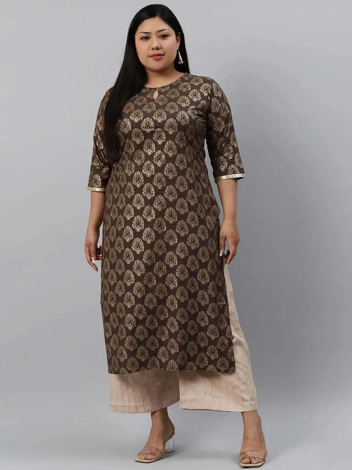 Plus Size Taupe Printed Cotton Kurta - Libas