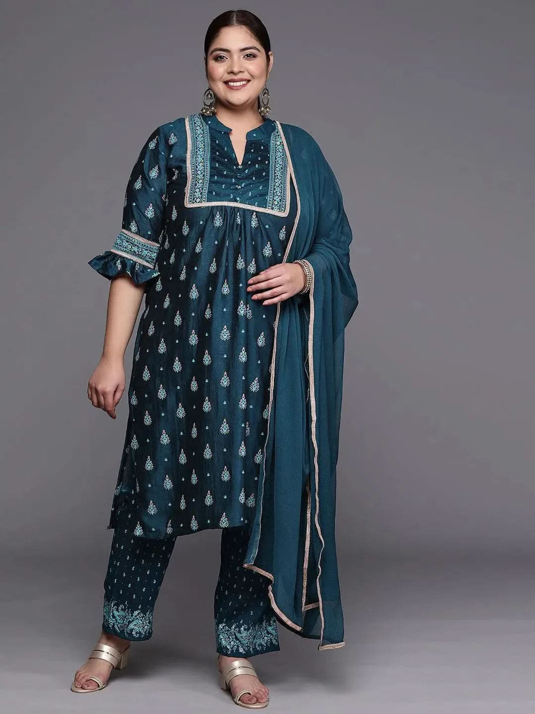 Plus Size Teal Printed Silk Blend Straight Suit Set - Libas