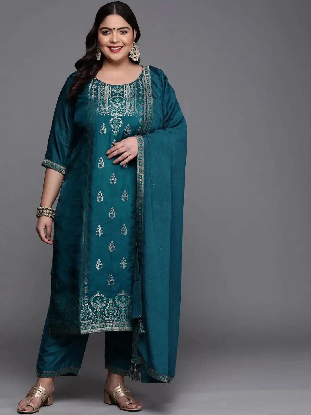 Plus Size Teal Self Design Silk Blend Suit Set - Libas