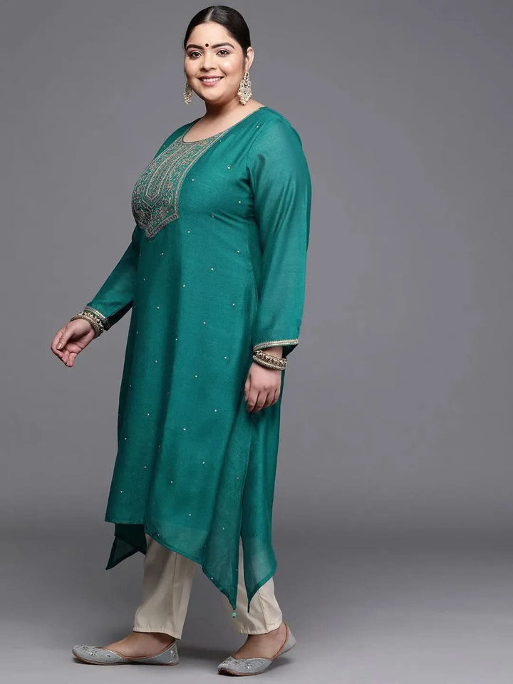 Plus Size Teal Yoke Design Silk Kurta - Libas