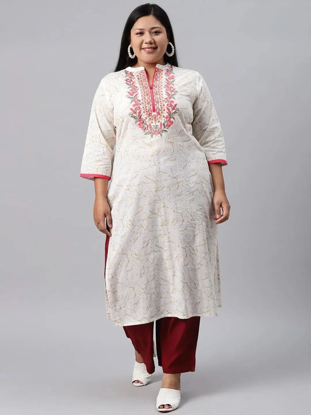 Plus Size White Embroidered Cotton Kurta - Libas