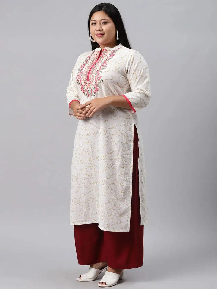 Plus Size White Embroidered Cotton Kurta - Libas