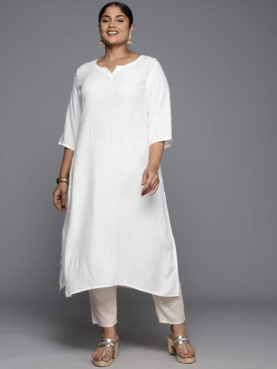 Plus Size White Rayon Embroidered Straight Kurta - Libas
