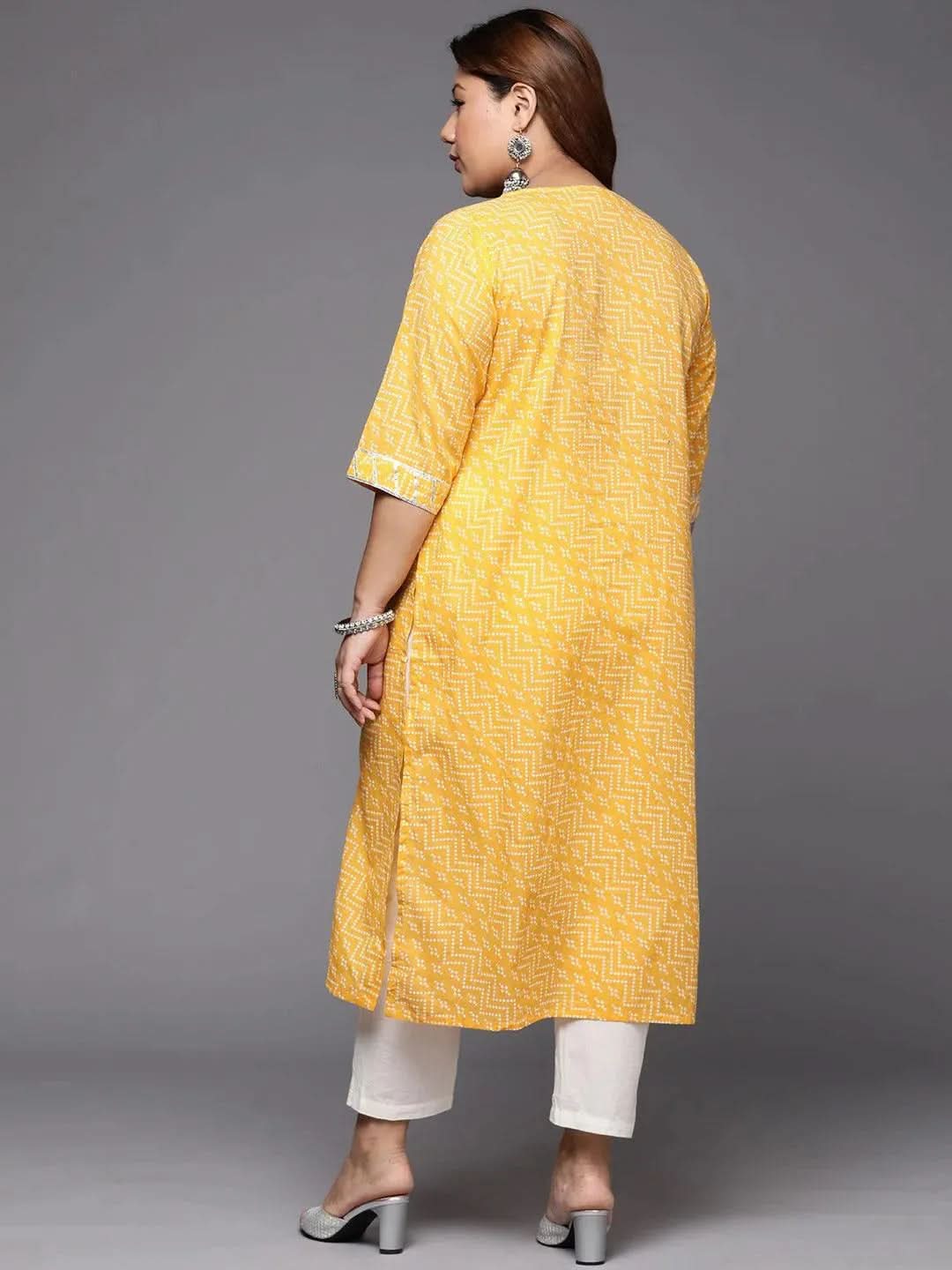 Plus Size Yellow Printed Cotton Straight Kurta - Libas