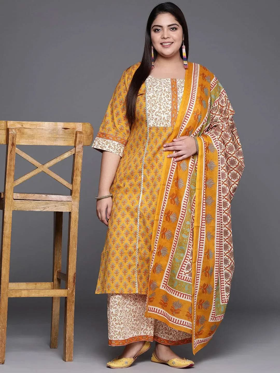 Plus Size Yellow Printed Cotton Straight Kurta With Palazzos & Dupatta
Plus Size Yellow Printed Cotton Straight Kurta With Palazzos & Dupatta