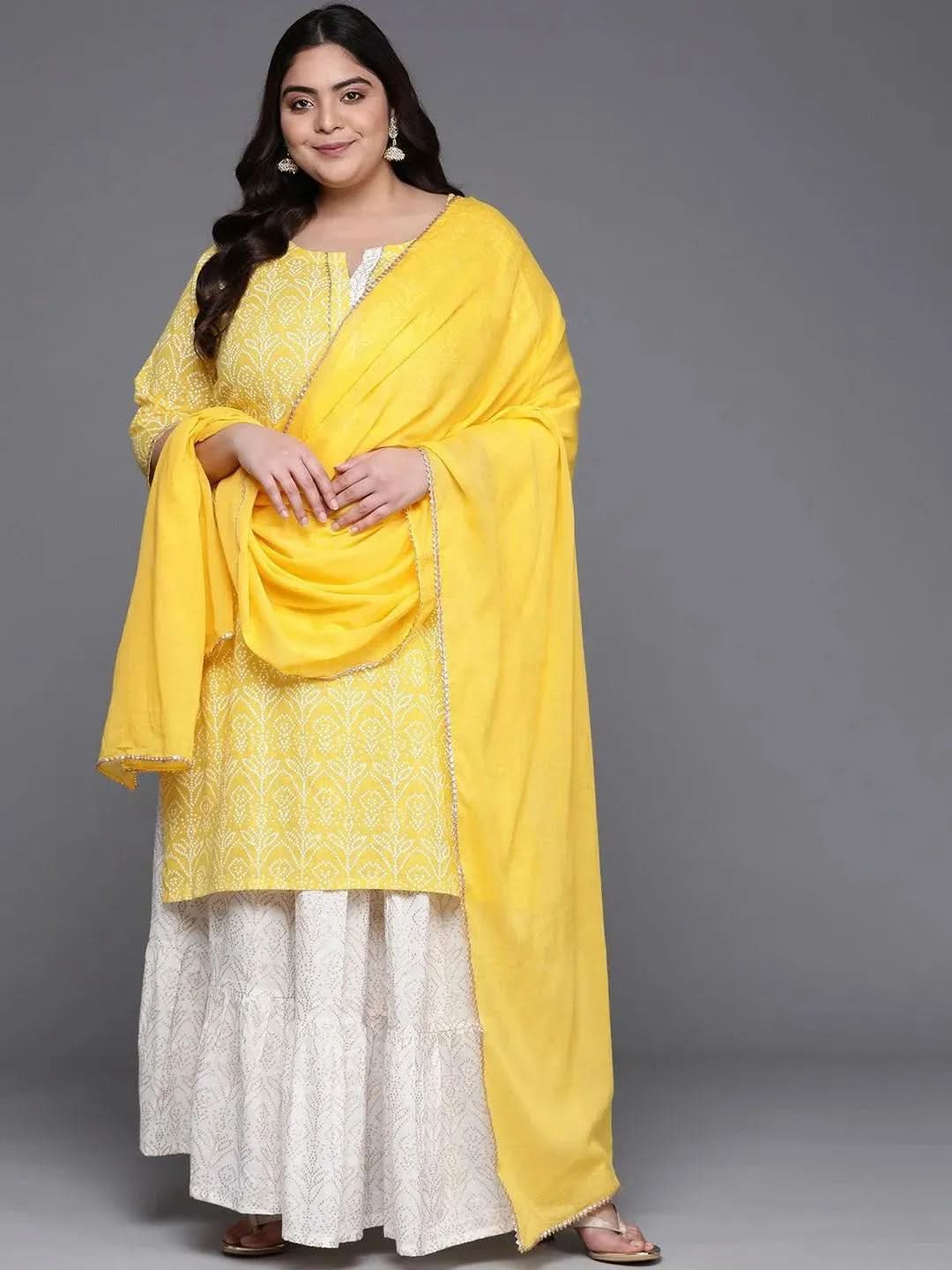 Plus Size Yellow Printed Cotton Suit Set - Libas
