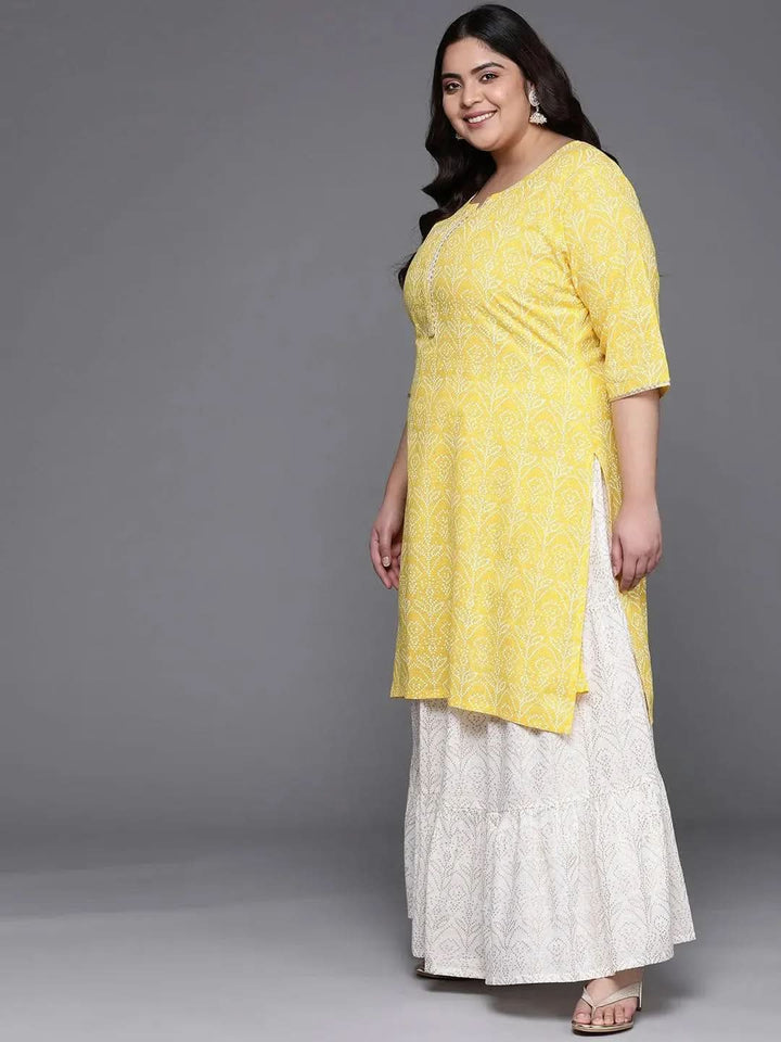 Plus Size Yellow Printed Cotton Suit Set - Libas