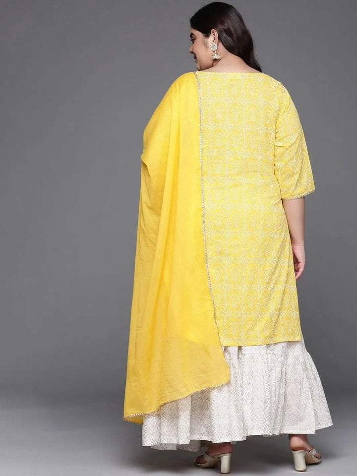 Plus Size Yellow Printed Cotton Suit Set - Libas