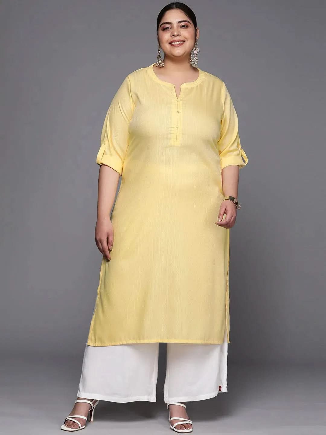 Plus Size Yellow Woven Design Rayon Straight Kurta - Libas