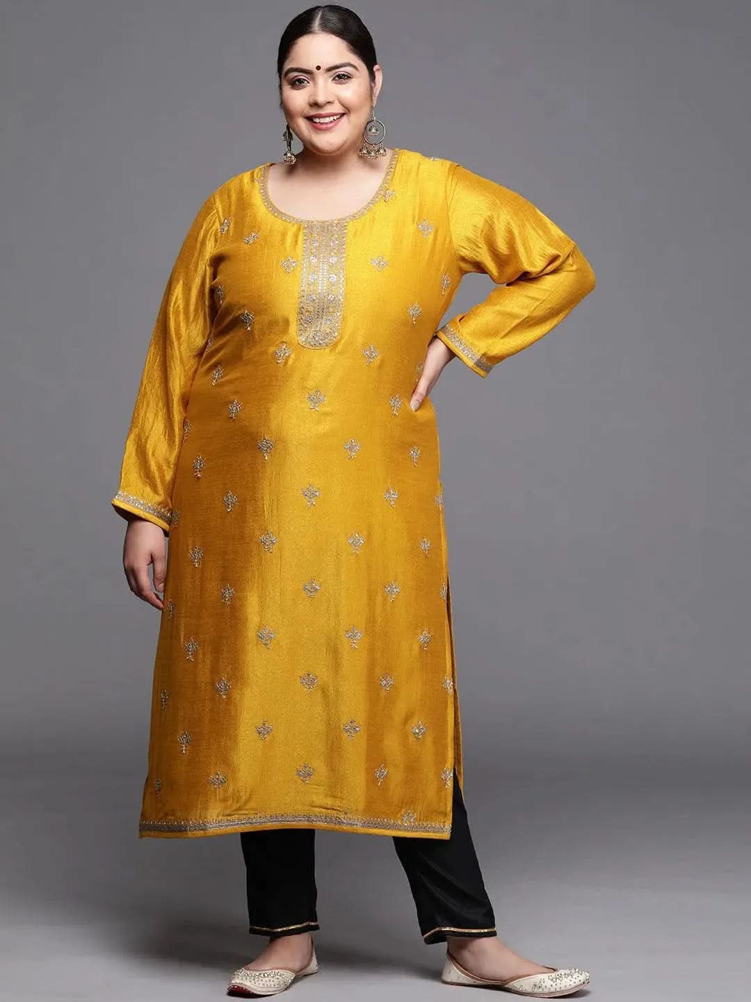 Plus Size Yellow Yoke Design Silk Kurta - Libas