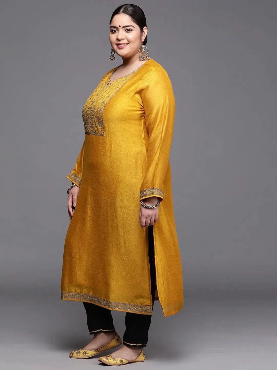 Plus Size Yellow Yoke Design Silk Kurta - Libas