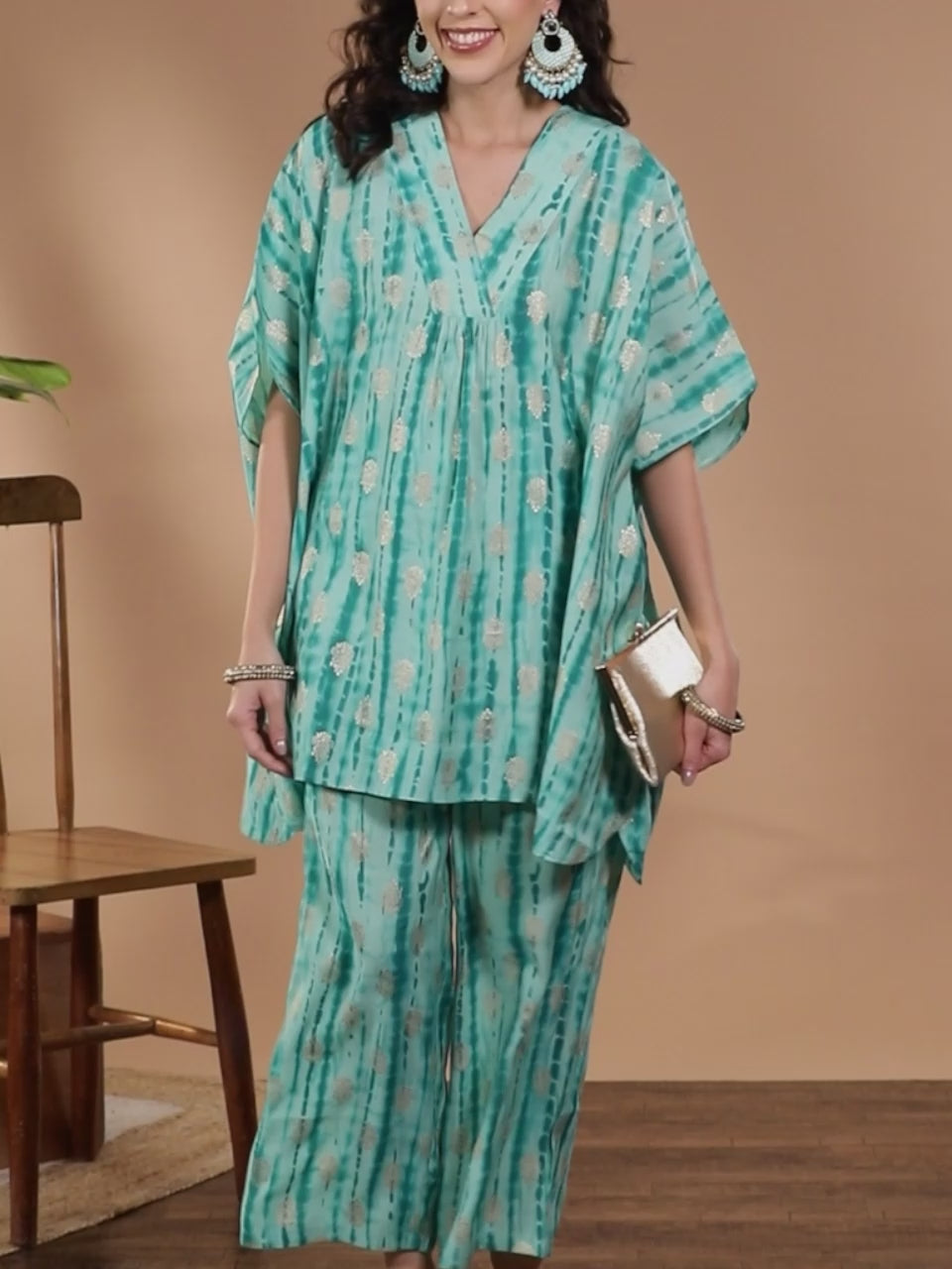Turquoise Blue Dyed Silk Blend Kaftan Kaftan With Palazzos